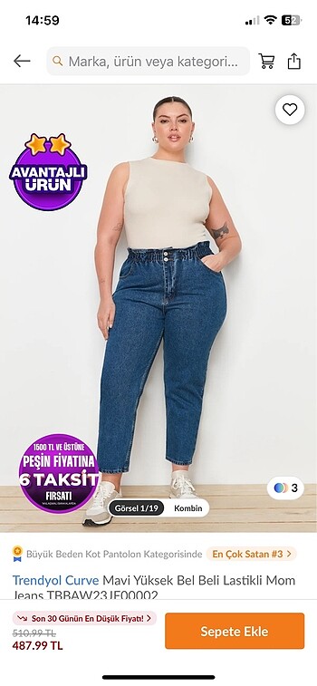 Trendyol curve beli lastikli mom jean