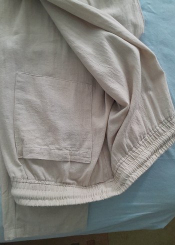 Bej Keten Kadın erkek fark etmez Salaş Pantolon - Görsel 2