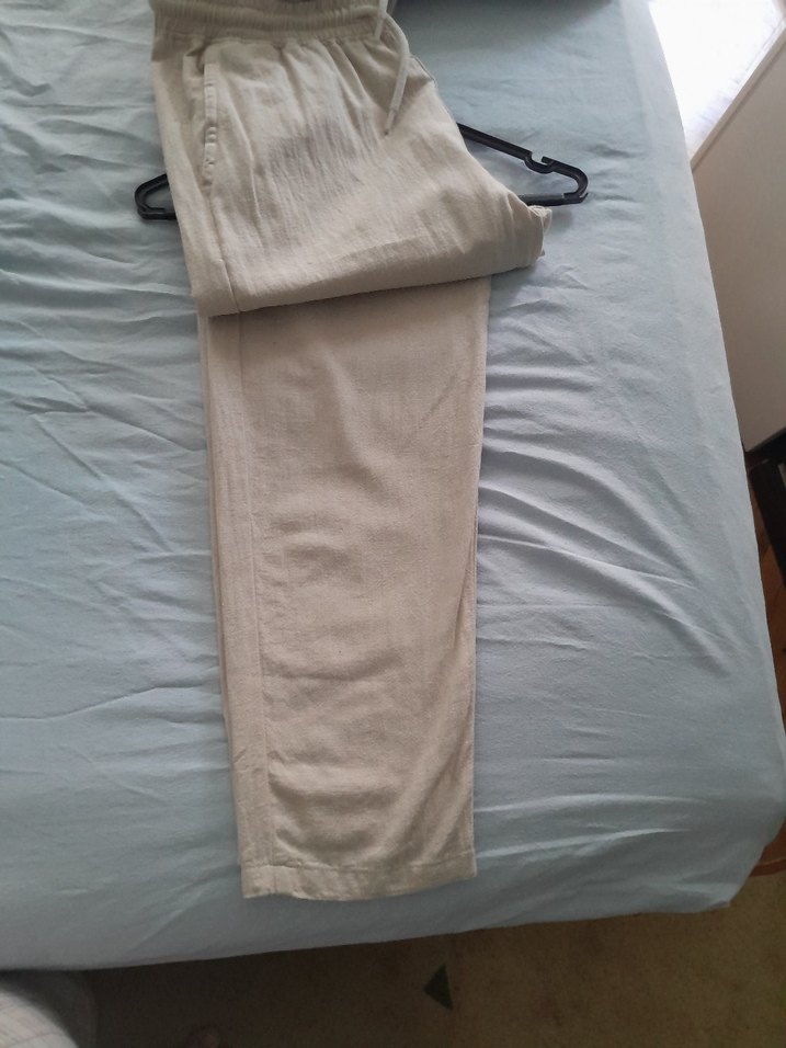 Bej Keten Kadın  erkek fark etmez Salaş Pantolon - Görsel 3