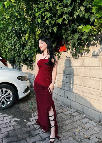 s Beden Bordo Straplez Uzun Drapeli Kadın Elbise