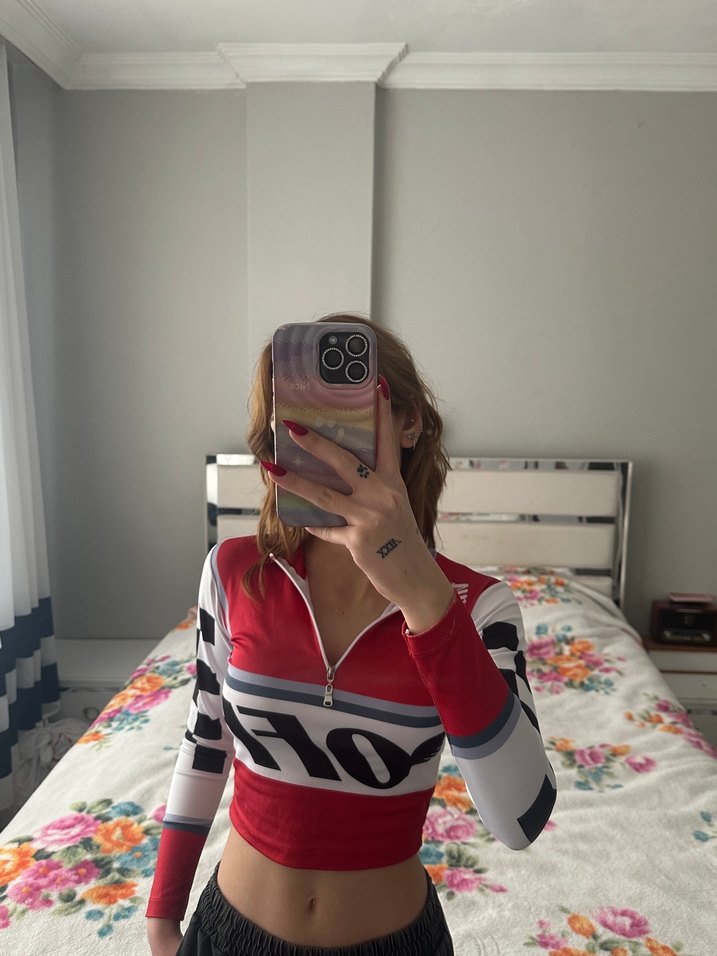 Fermuarlı Kırmızı Baskılı Uzun Kollu Sweatshirt - Görsel 2