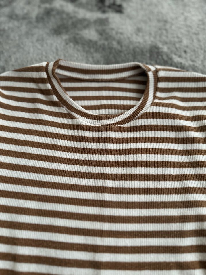 Kahverengi Çizgili Kadın Kısa Kollu Tişört - Görsel 2