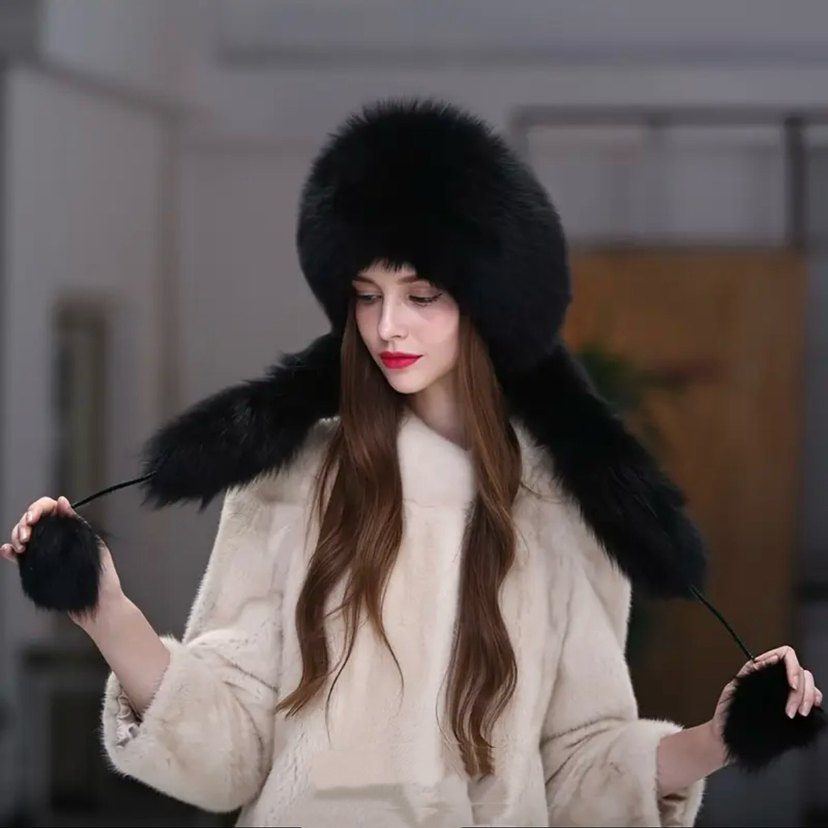 Siyah Kürklü Kadın Şapka Ayarlanabilir - Görsel 2