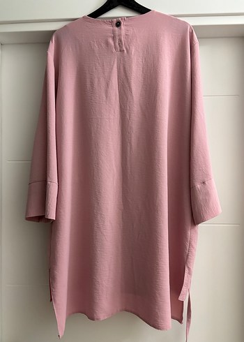 Pembe Keten Midi Tunik, Salaş Kesim, Uzun Kollu - Görsel 3