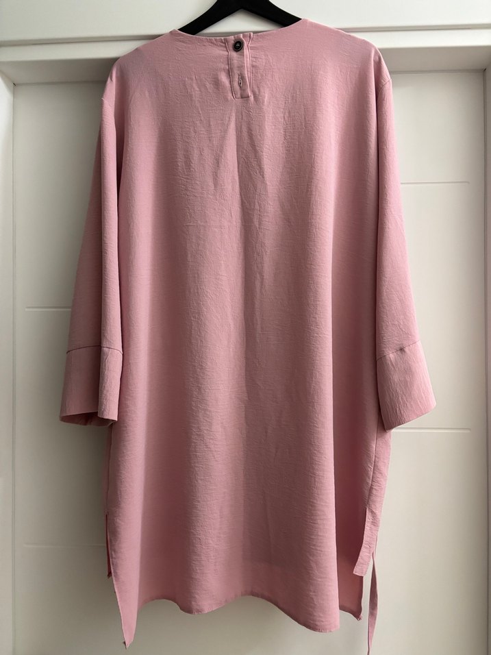 Pembe Keten Midi Tunik, Salaş Kesim, Uzun Kollu - Görsel 3