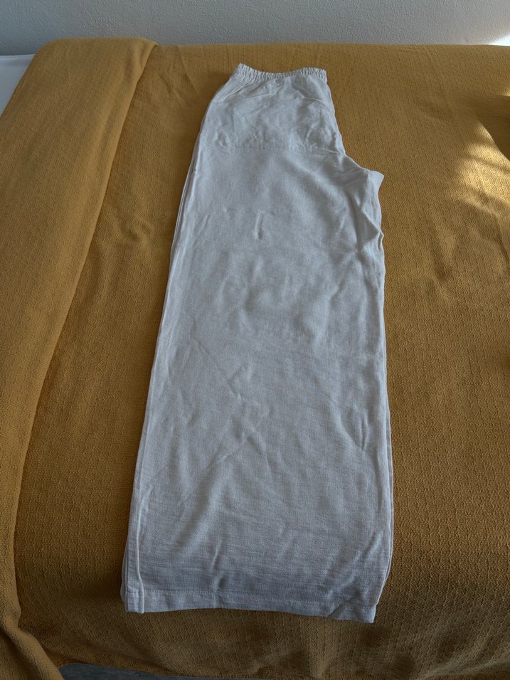 Kadın krem bej Keten Midi Rahat Kesim Pantolon - Görsel 3