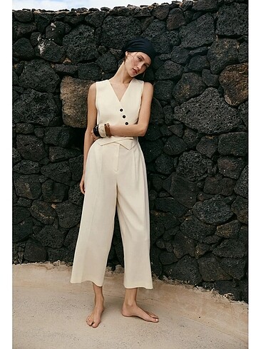 Zara Etiketli Keten Uzun Yelek Tulum