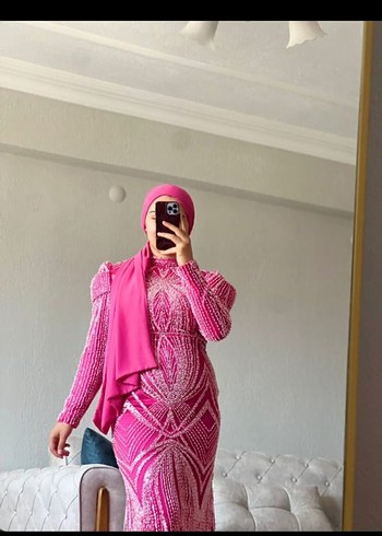 Abiye Pembe Parlak Payetli Uzun Abiye Elbise kiralık