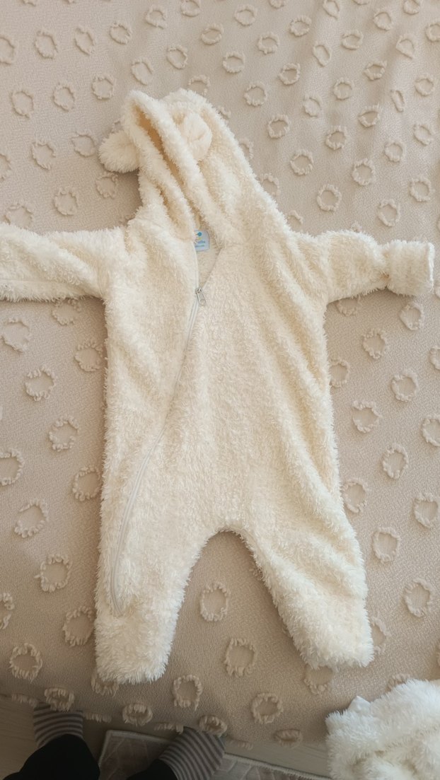 Bebek Kız Beyaz Kürklü Kapüşonlu Tulumu - Görsel 2