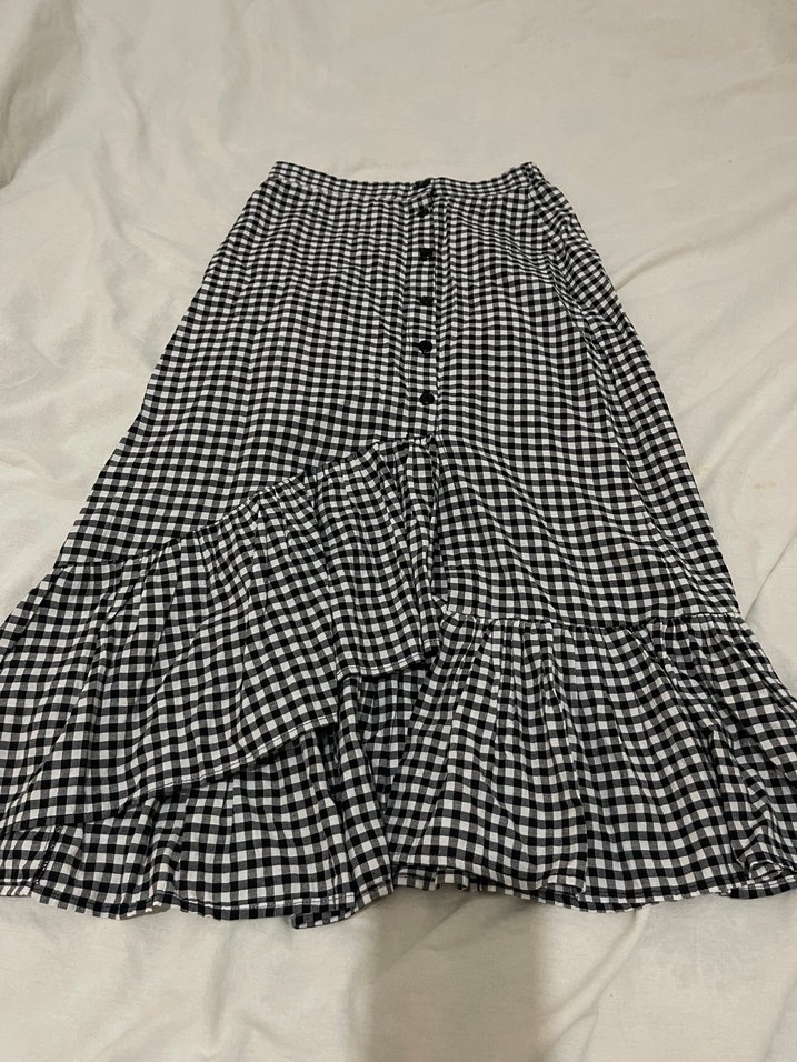 Kadın Siyah Ekose Volanlı Midi Etek - Görsel 2