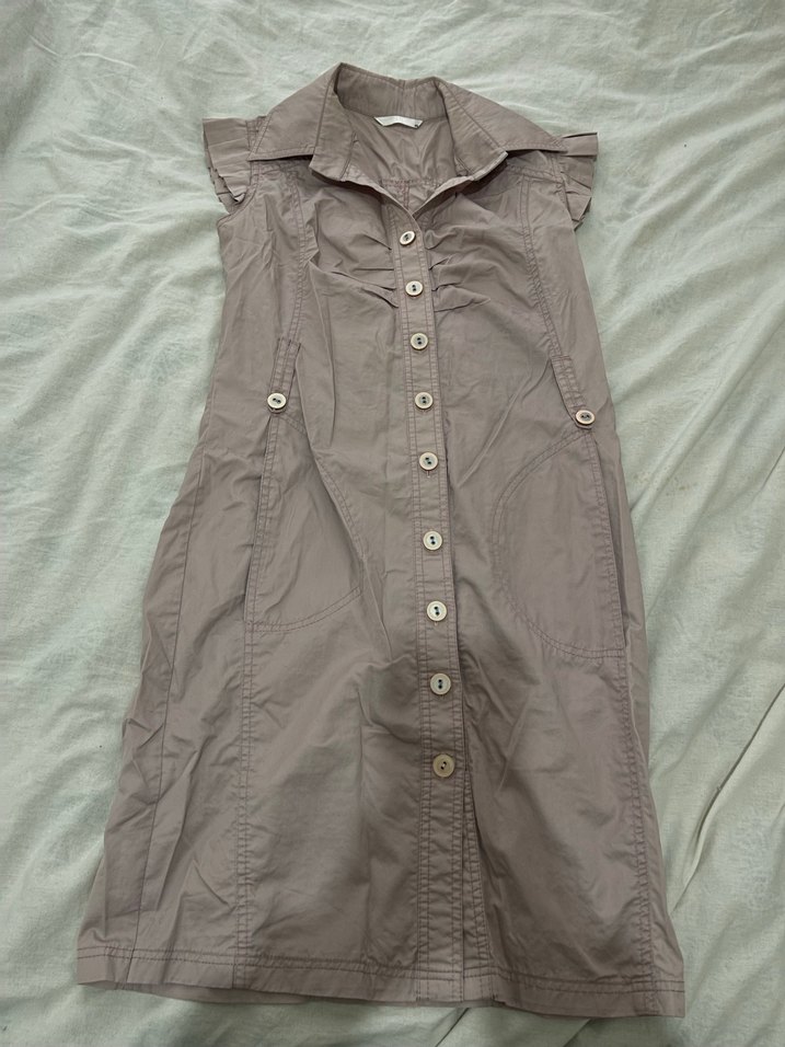 Düğmeli Kolsuz Bej Keten Midi Elbise - Görsel 2