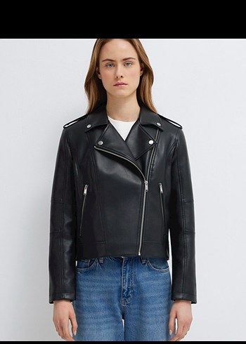 Siyah Deri Biker Ceket Kadın - Görsel 3