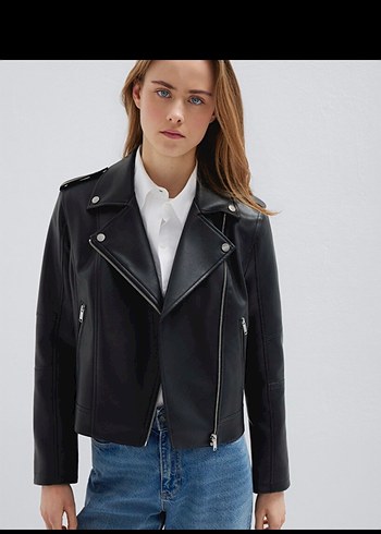 Siyah Deri Biker Ceket Kadın - Görsel 2