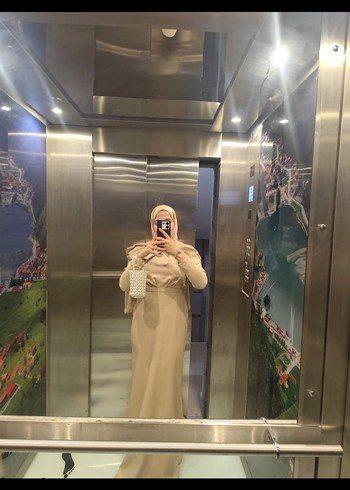 Camel Renkli Uzun Drapeli Elbise - Görsel 3