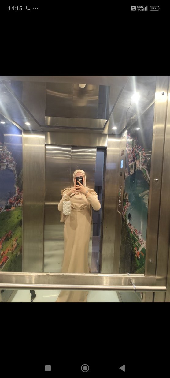 Camel Renkli Uzun Drapeli Elbise - Görsel 3