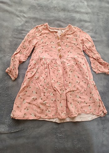 Pembe Çiçekli Uzun Kollu Kız Elbisesi