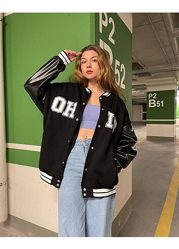 Siyah Ohio Oversize Deri Kol Kolej Ceket Beden:siyah , 2XL