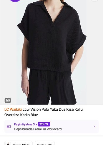 LC Waikiki Siyah Oversize V Yaka Kısa Kollu Bluz