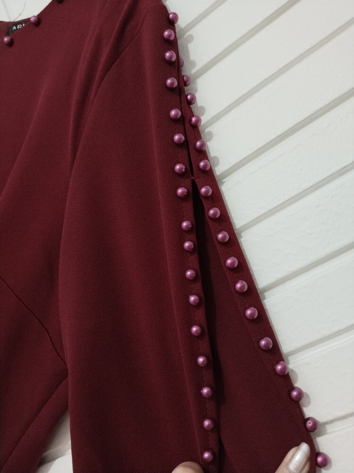 Bordo İşlemeli Kadın Triko Elbise - Görsel 3