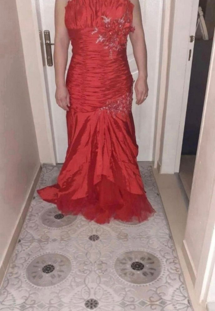 Kırmızı Drapeli Uzun Abiye kına  Elbisesi - Görsel 3