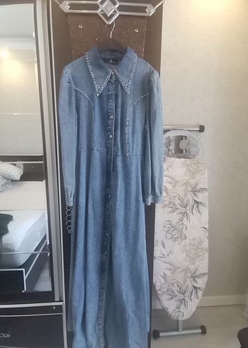 Diğer Uzun Kollu Kemerli Kot Elbise