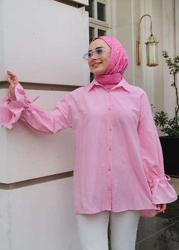 Taşlı Pembe Uzun Kollu Salaş Gömlek
