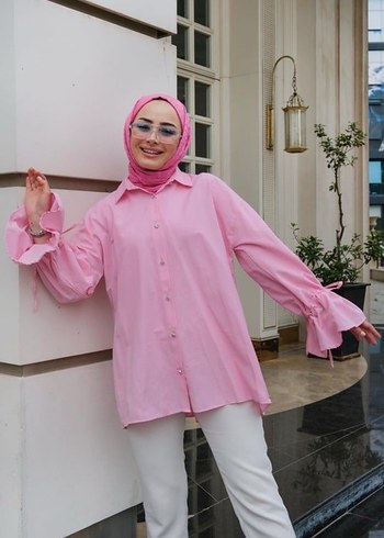 l Beden Taşlı Pembe Uzun Kollu Salaş Gömlek