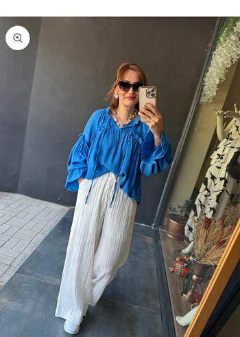 Mavi Pilili Uzun Kollu Bağcıklı Bluz ve Pantolon Takımı