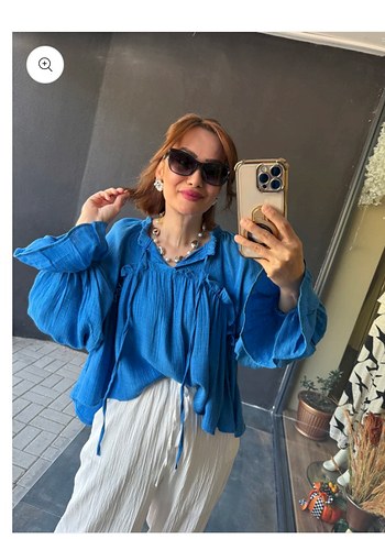 m Beden Mavi Pilili Uzun Kollu Bağcıklı Bluz ve Pantolon Takımı