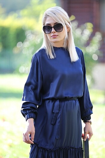 universal Beden İpek Saten Navy Blue Elbise