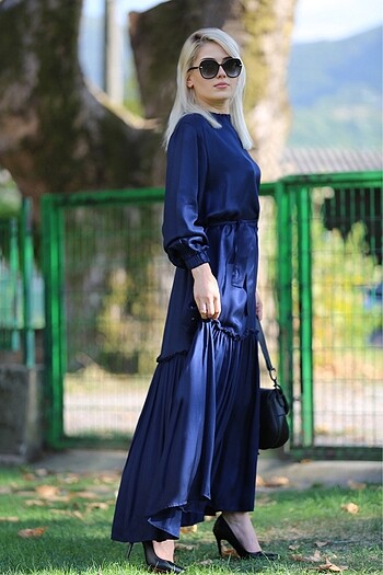 Diğer İpek Saten Navy Blue Elbise
