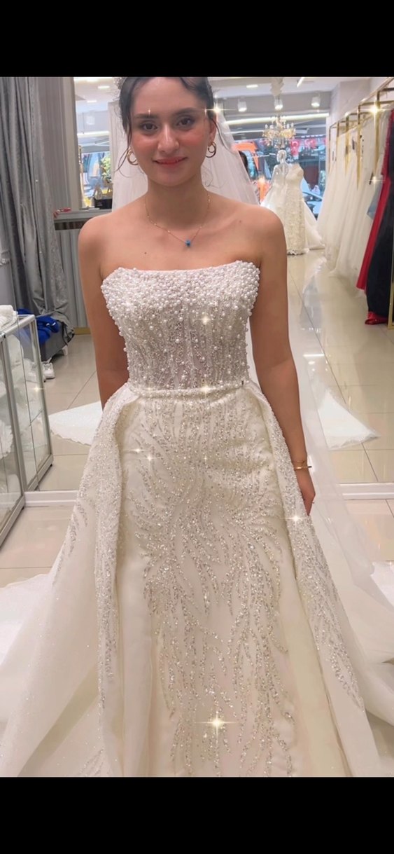 Straplez Beyaz A Kesim Uzun Gelinlik - Görsel 2