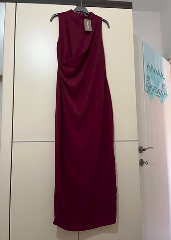 Bordo Drapeli Uzun Elbise