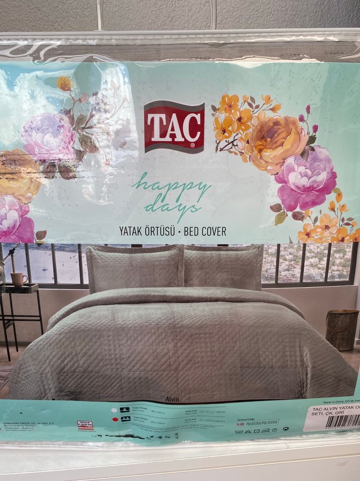 Gri Düz Desen Yatak Örtüsü - Taç Çift Kişilik - Görsel 3