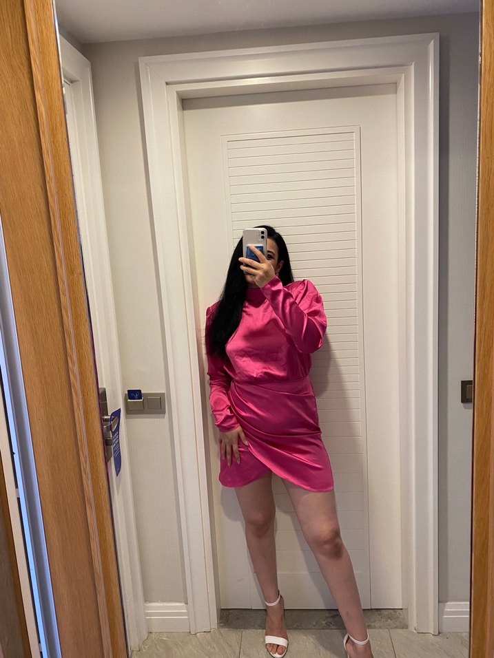 Pembe Yüksek Yakalı Midi Kadın Elbise - Görsel 2