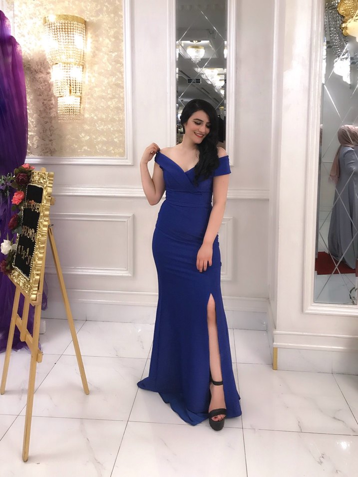 Parlak Mavi Uzun V Yaka Abiye Elbise - Görsel 2
