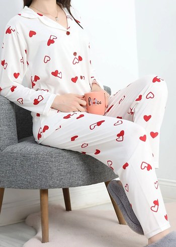 l Beden Beyaz Kalp Desenli Uzun Kollu Rahat Pijama