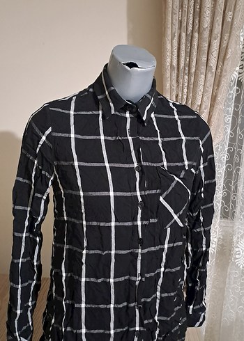 Gri Ekose Desenli Kadın Pamuklu Gömlek - Görsel 9