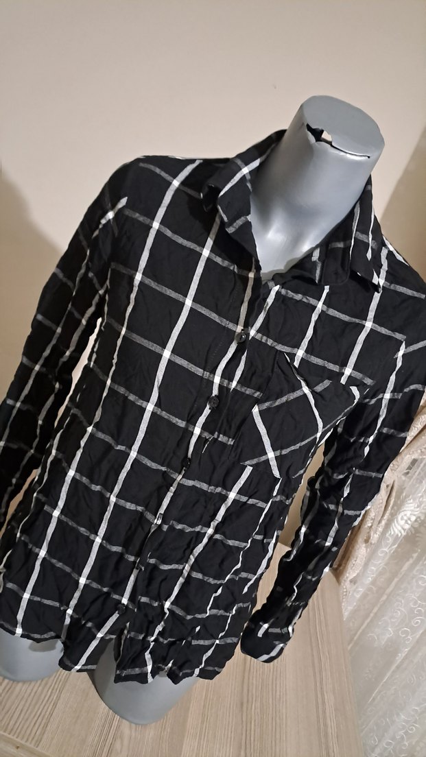 Gri Ekose Desenli Kadın Pamuklu Gömlek - Görsel 2