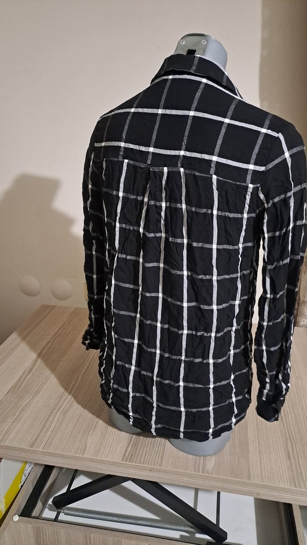 Gri Ekose Desenli Kadın Pamuklu Gömlek - Görsel 3