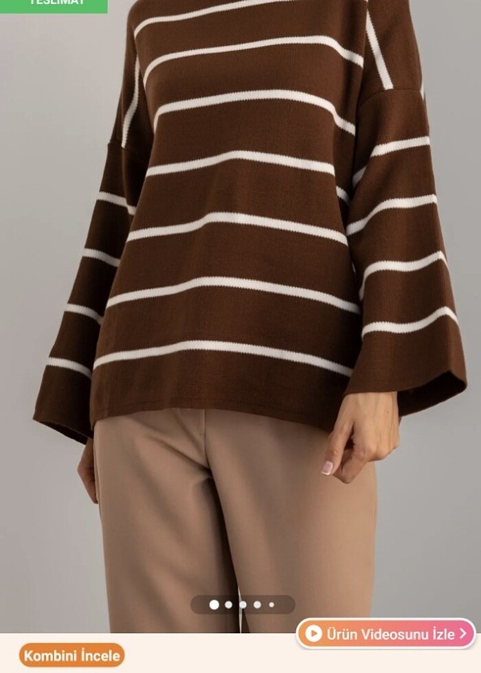 Oversize yarım balıkçı yakalı çizgili kazak - Görsel 5