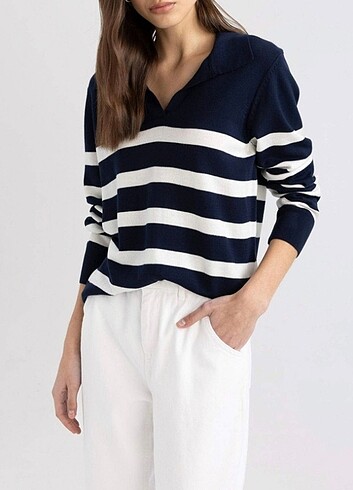 Regular fit polo yaka çizgili triko kazak