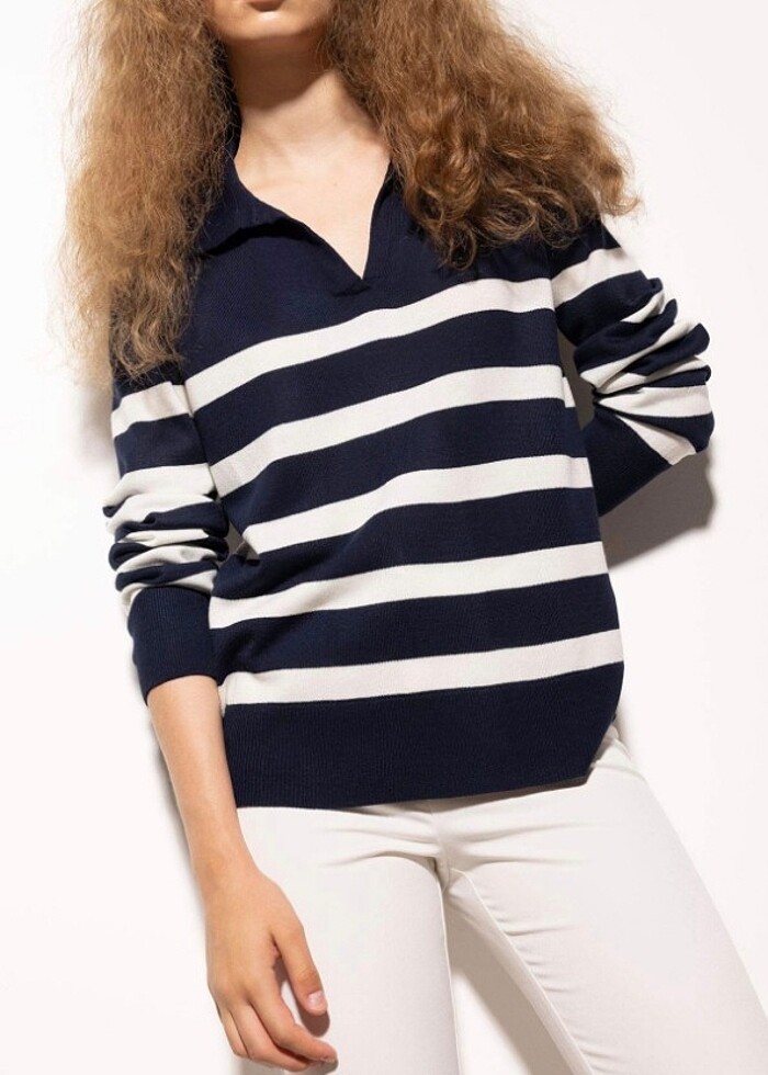 Regular fit polo yaka çizgili triko kazak - Görsel 3