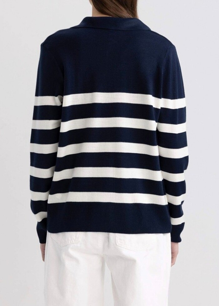 Regular fit polo yaka çizgili triko kazak - Görsel 4