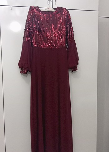 Bordo payetli Abiye Elbise