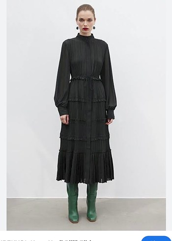 Kadın Haki Uzun Pilili Bohem Elbise - Görsel 2