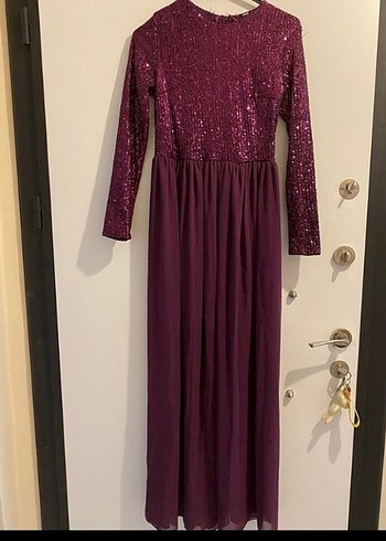 Bordo Parlak Uzun Kollu Tesettür Abiye Elbise - Görsel 2