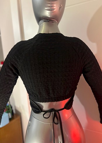 s Beden Siyah Örgü Crop Top, Uzun Kollu, Yüksek Yaka