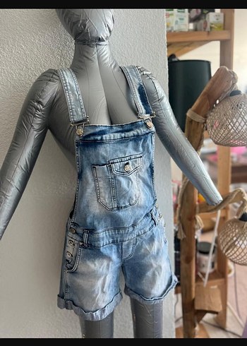 Gri Batik Desenli Kısa Denim Tulum