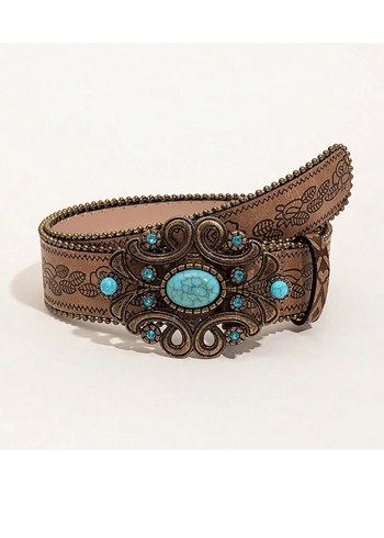 Bohem Deri Kemer Turkuaz Taşlı Tokalı - Görsel 5